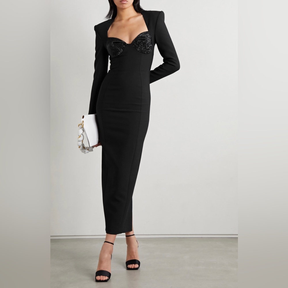 AREA Crystal embellished padded shoulder stretch woven midi dress size 8 US